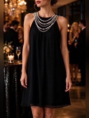 London Times Black Pearl Necklace Dress Sleeveless Cocktail Party